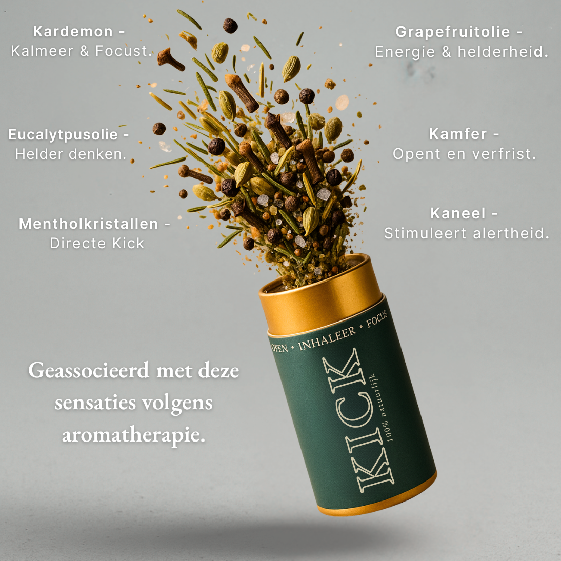 Explosie van kruiden en aroma’s die de natuurlijke geurblend van Kick visualiseren