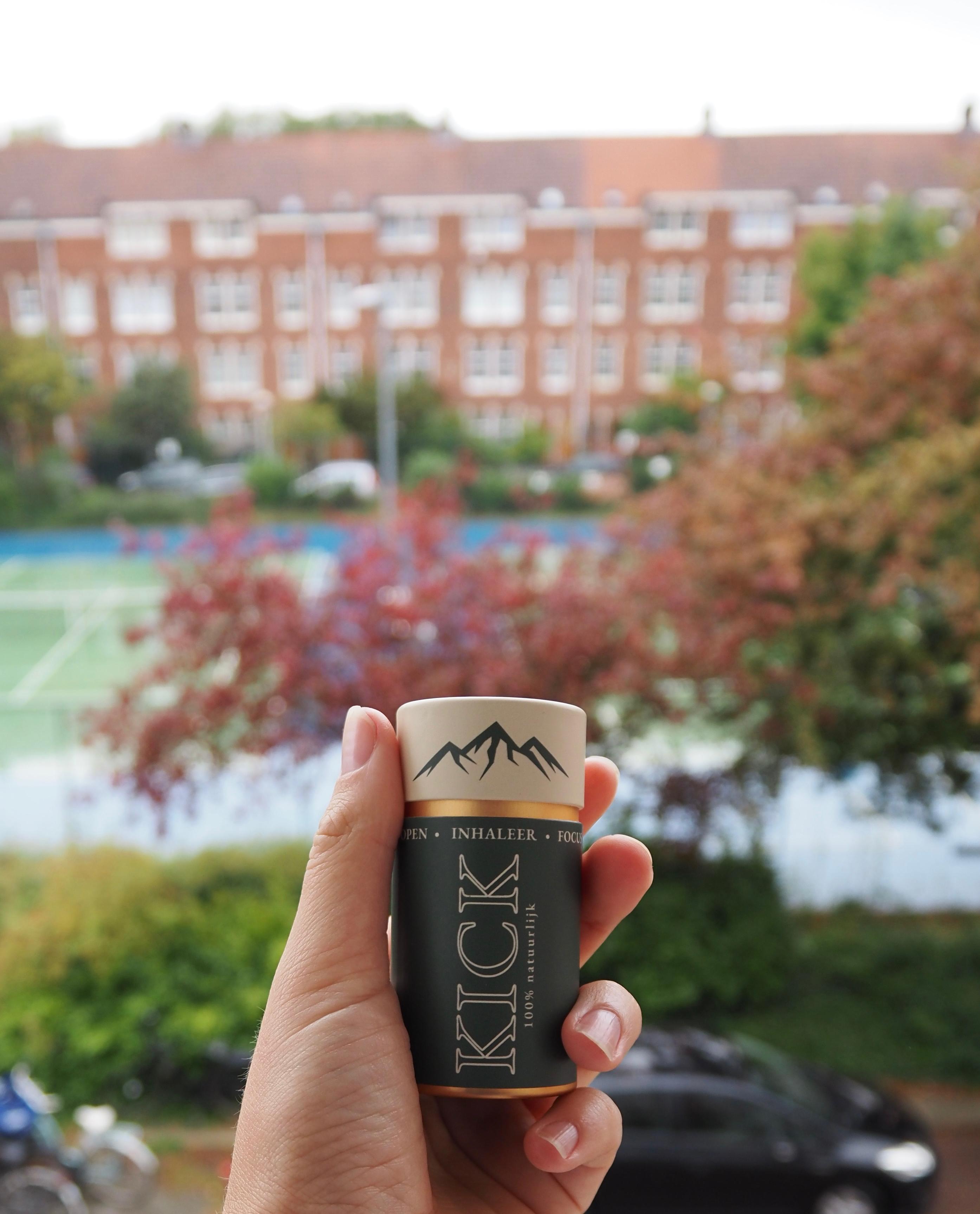 Kick inhalator in vrouwelijke hand buiten, voor een frisse natuurlijke reset